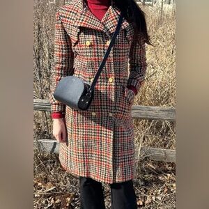 70s vintage plaid brown black red double breasted peacoat